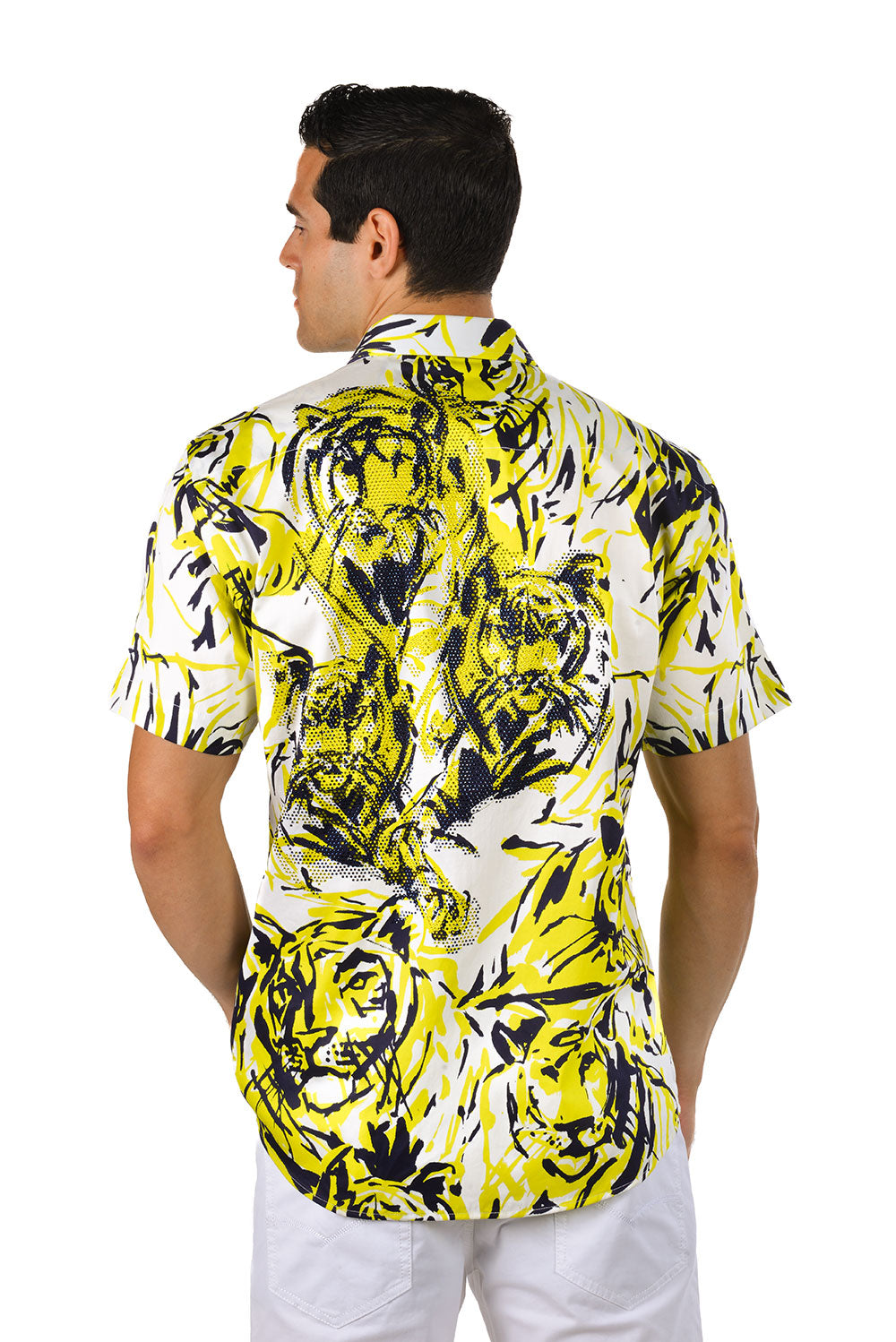 Barabas Men's Lion Printed Rhinestone Short Sleeve Shirt SSR18 Citron