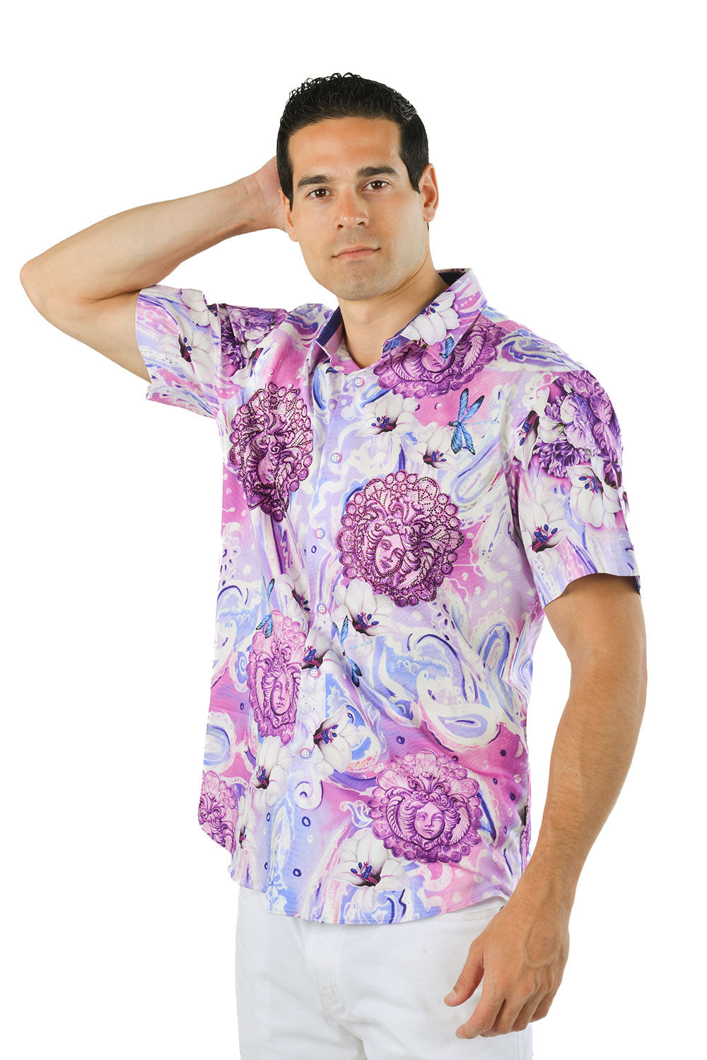 BARABAS Men's medusa paisley rhinestones graphic short sleeve shirt SSR19 pink