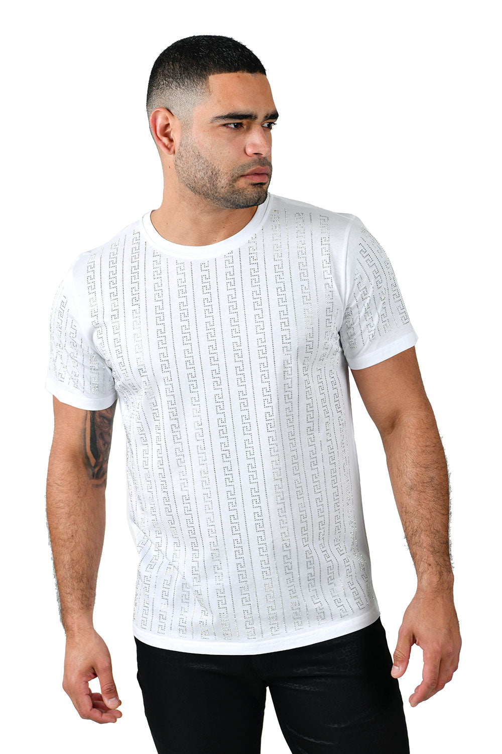 Barabas Men's Crew Neck Greek Key Rhinestone T-shirts ST937 White and Silver