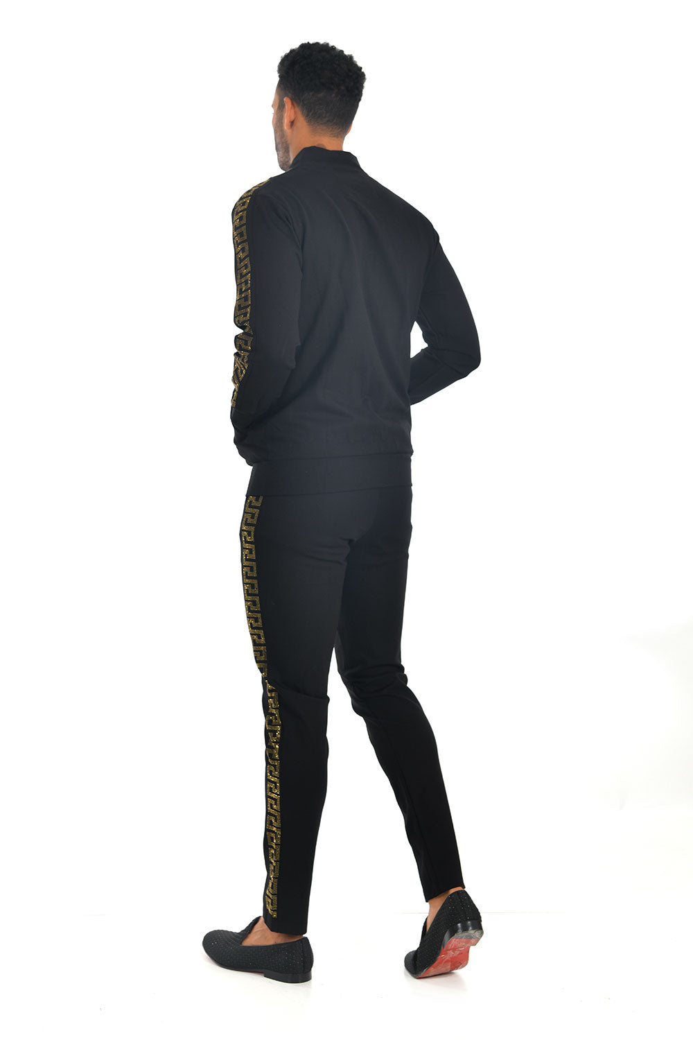 Barabas Men's Gold Greek Pattern Rhinestone Black Loungewear STM40004