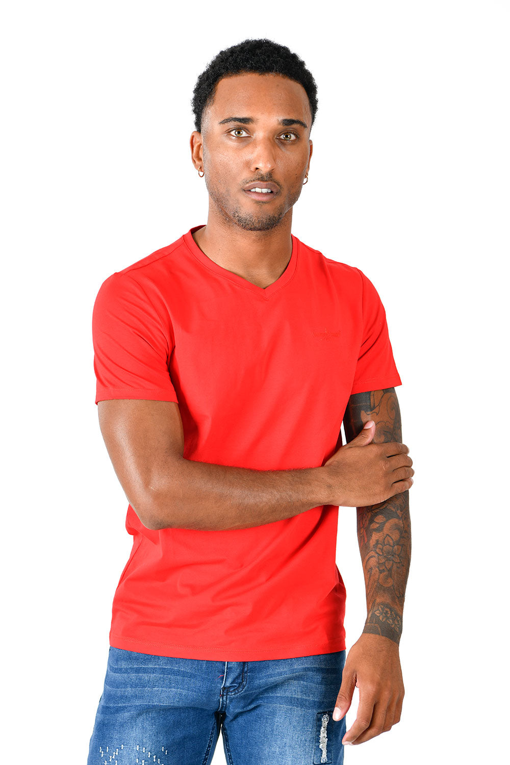 BARABAS Men's Solid Color V-neck T-shirts VTV216  hot Red