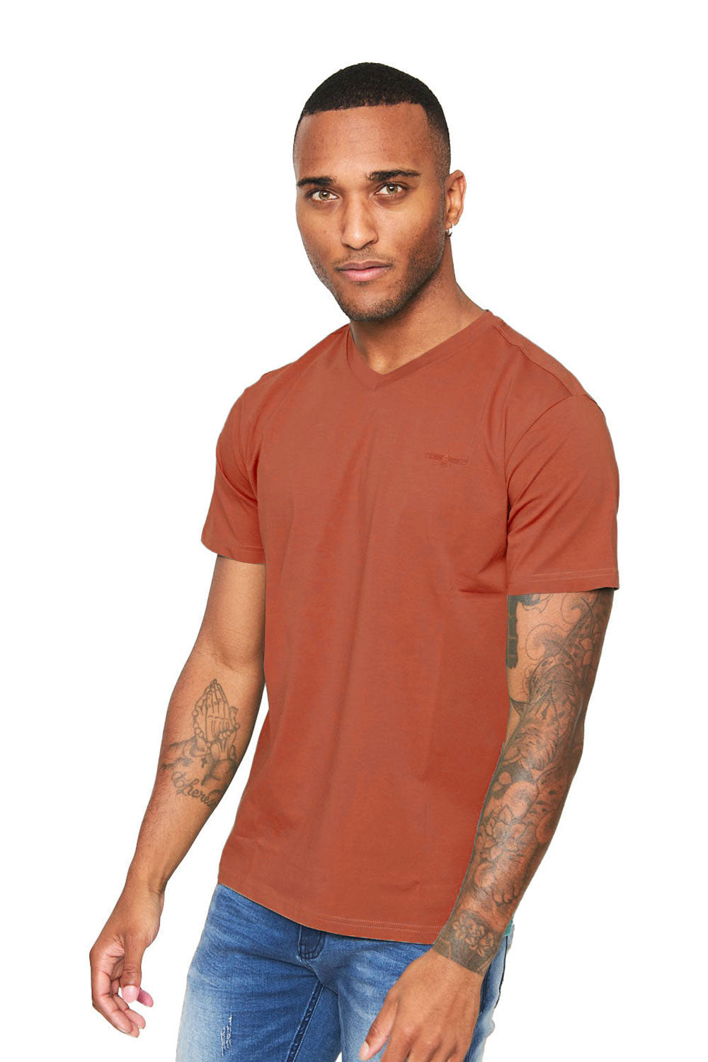 BARABAS Men's Solid Color V-neck T-shirts VTV216  Rust Brown