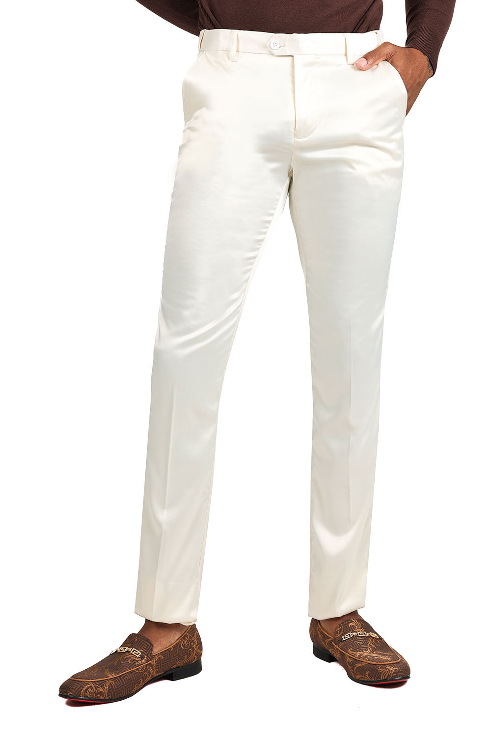 BARABAS Men's Solid Color Plain Shiny Chino Dress Pants 3CP02 White