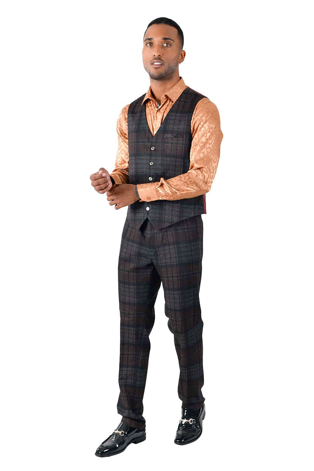 BARABAS men's checkered plaid brown grey dress vest VP137